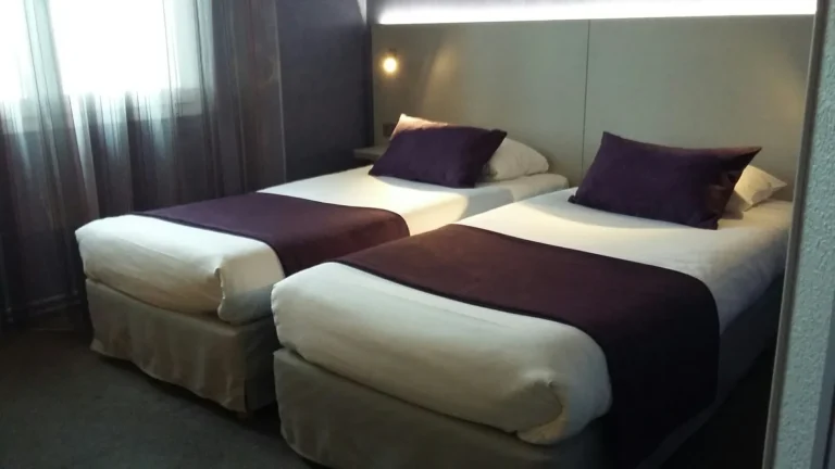 Chambre d'hôtel à deux lits, linge blanc et jetés violets